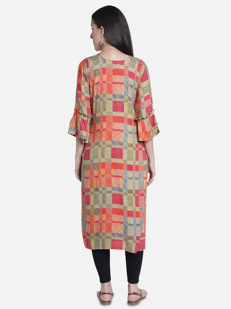 Fabclub Women's Heavy Rayon Boat Neck Stylish Bell Flared Sleeves Printed Kurti (MultiColor)