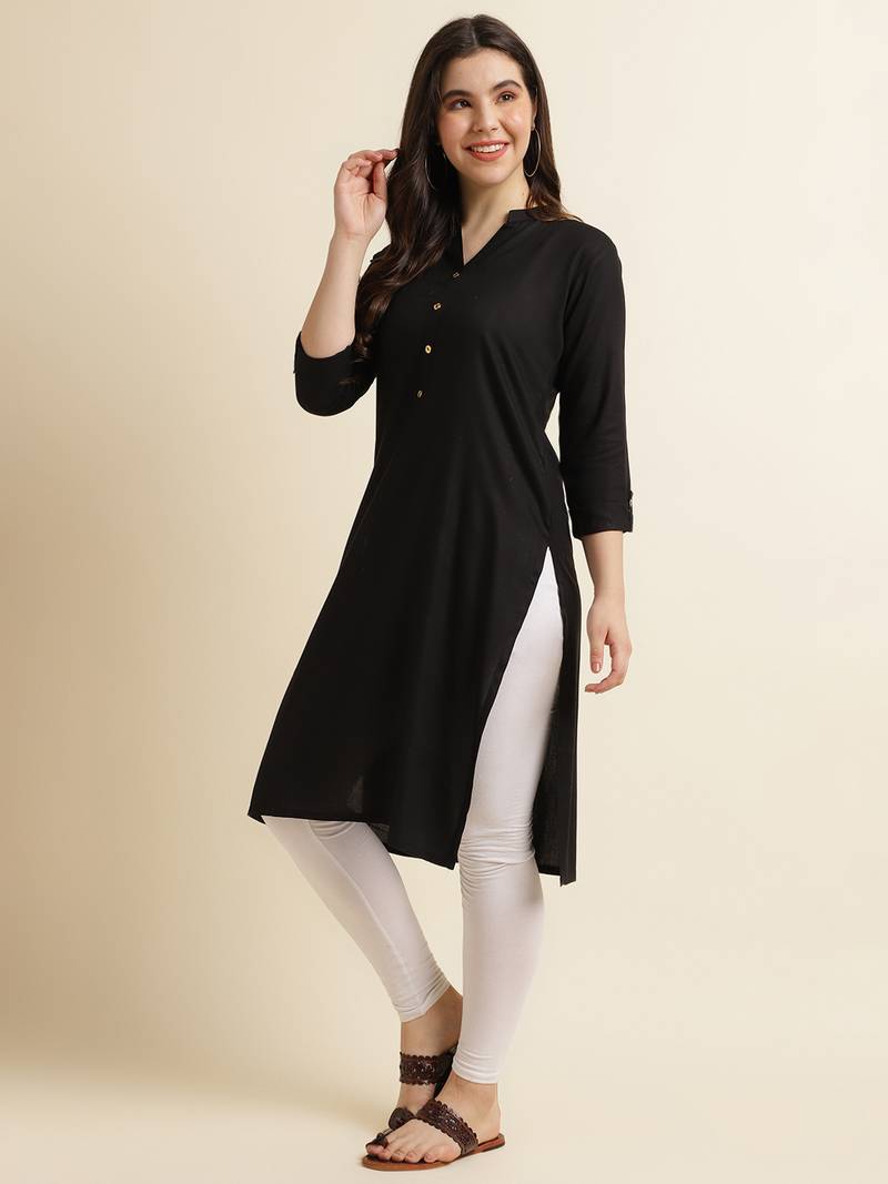 Fabclub Women's Rayon Solid Plain Straight Kurti (Black)