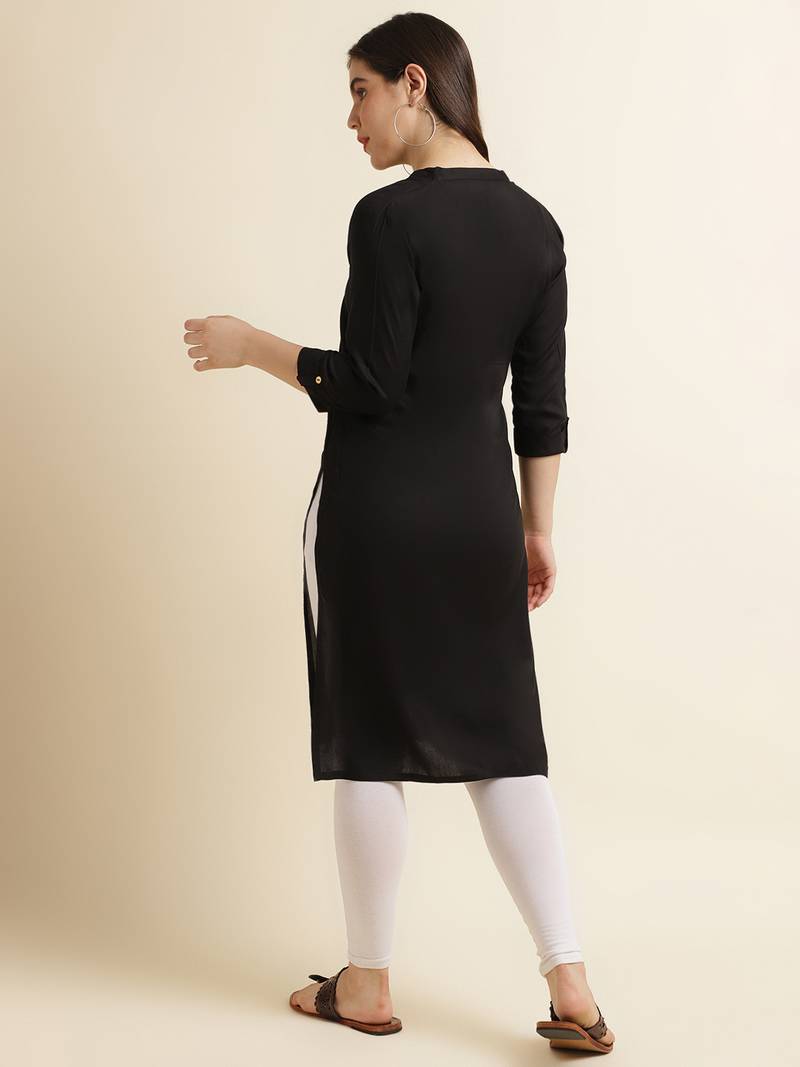 Fabclub Women's Rayon Solid Plain Straight Kurti (Black)
