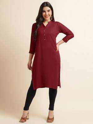 Fabclub Women's Rayon Solid Plain Straight Kurti (Maroon) 1