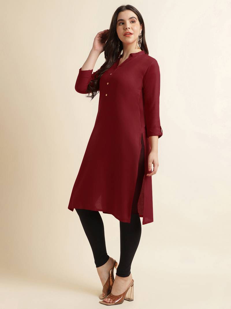 Fabclub Women's Rayon Solid Plain Straight Kurti (Maroon)