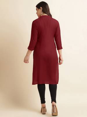 Fabclub Women's Rayon Solid Plain Straight Kurti (Maroon) 3