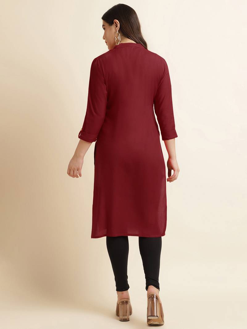 Fabclub Women's Rayon Solid Plain Straight Kurti (Maroon)