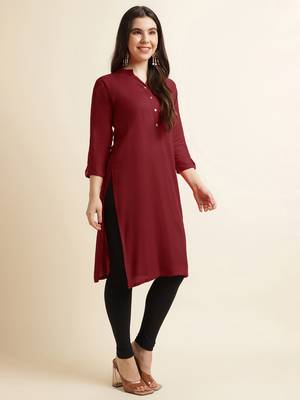 Fabclub Women's Rayon Solid Plain Straight Kurti (Maroon) 4