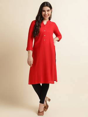 Fabclub Women's Rayon Solid Plain Straight Kurti (Red) 1