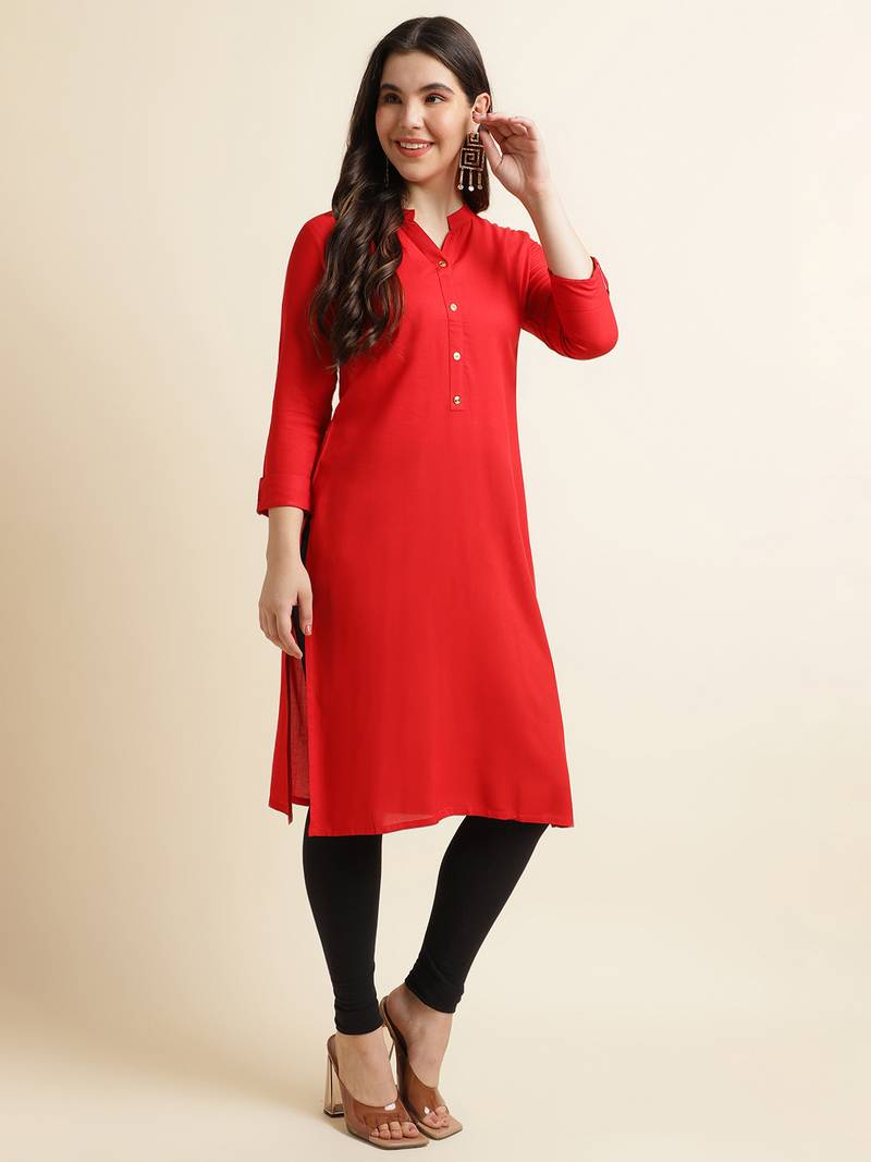 Fabclub Women's Rayon Solid Plain Straight Kurti (Red)