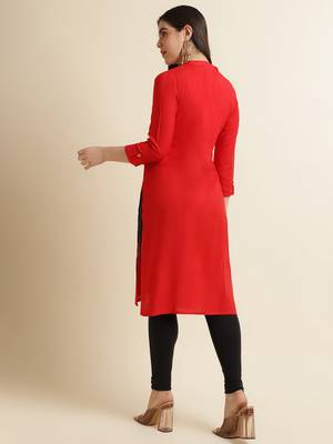 Fabclub Women's Rayon Solid Plain Straight Kurti (Red) 3