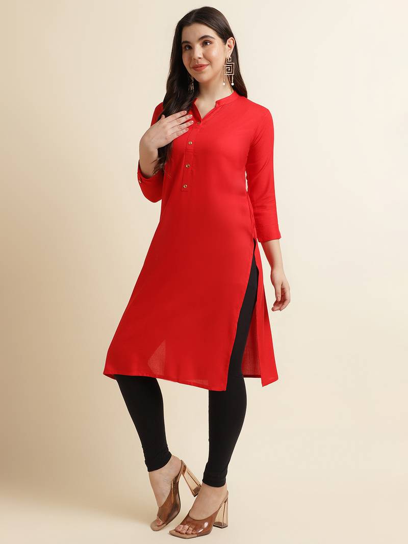 Fabclub Women's Rayon Solid Plain Straight Kurti (Red)