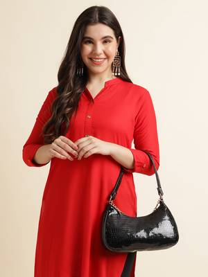 Fabclub Women's Rayon Solid Plain Straight Kurti (Red) 5
