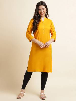 Fabclub Women's Rayon Solid Plain Straight Kurti (Yellow) 1