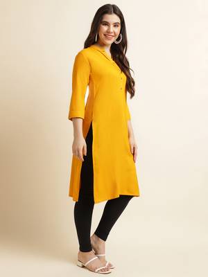 Fabclub Women's Rayon Solid Plain Straight Kurti (Yellow) 2