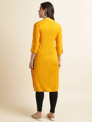 Fabclub Women's Rayon Solid Plain Straight Kurti (Yellow) 3