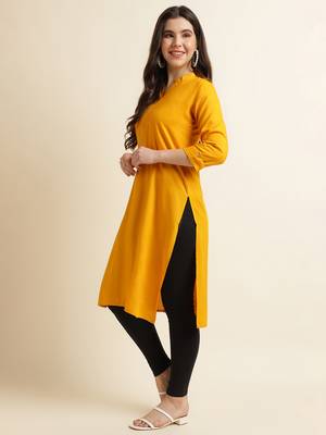 Fabclub Women's Rayon Solid Plain Straight Kurti (Yellow) 4