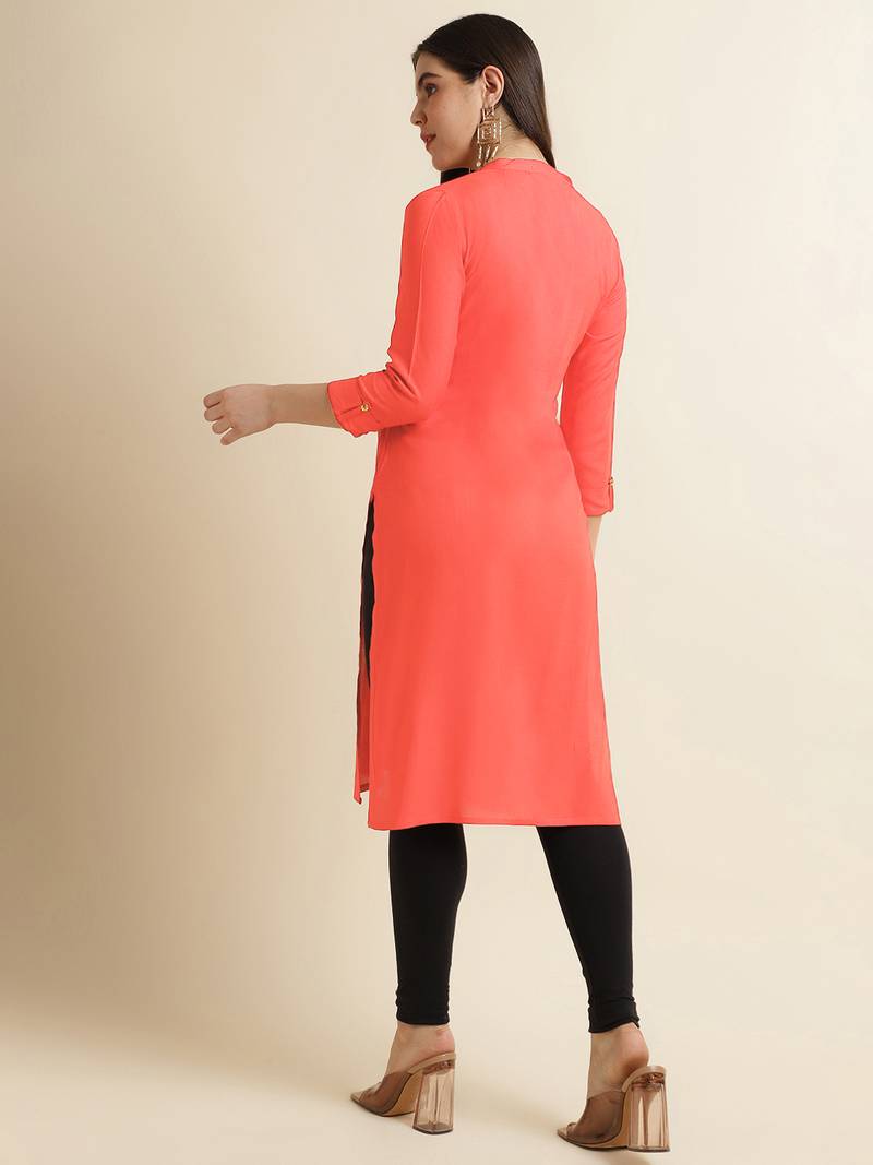 Fabclub Women's Rayon Solid Plain Straight Kurti (Peach)