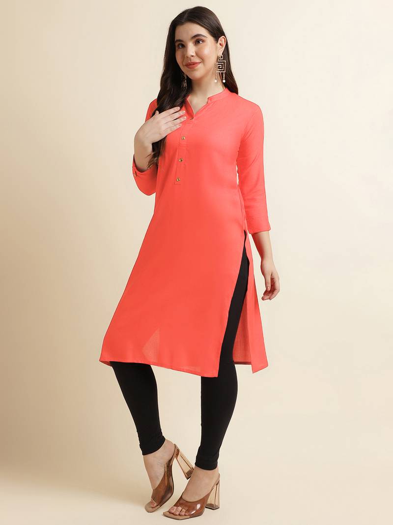 Fabclub Women's Rayon Solid Plain Straight Kurti (Peach)