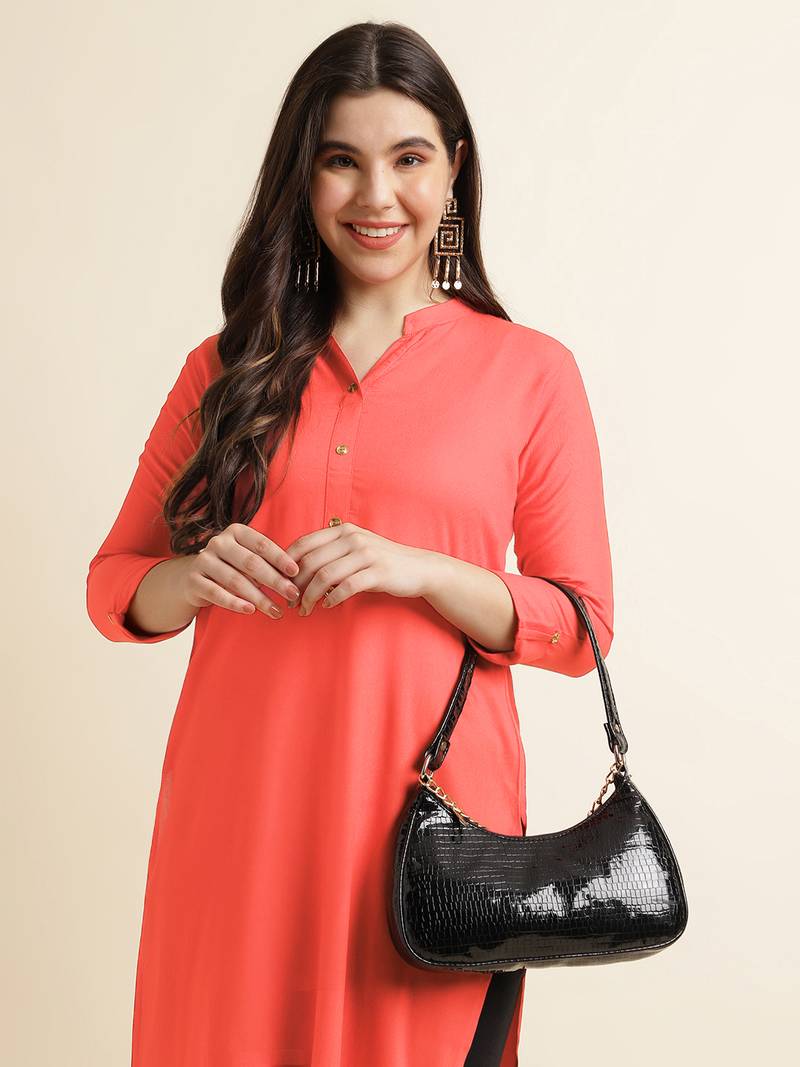 Fabclub Women's Rayon Solid Plain Straight Kurti (Peach)