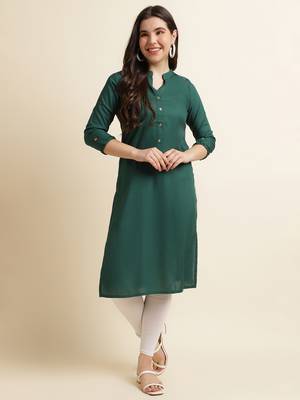 Fabclub Women's Rayon Solid Plain Straight Kurti (Dark Green) 1