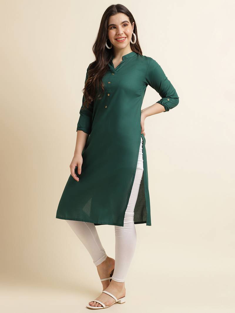 Fabclub Women's Rayon Solid Plain Straight Kurti (Dark Green)