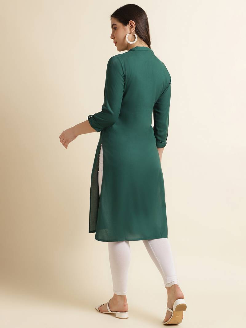 Fabclub Women's Rayon Solid Plain Straight Kurti (Dark Green)