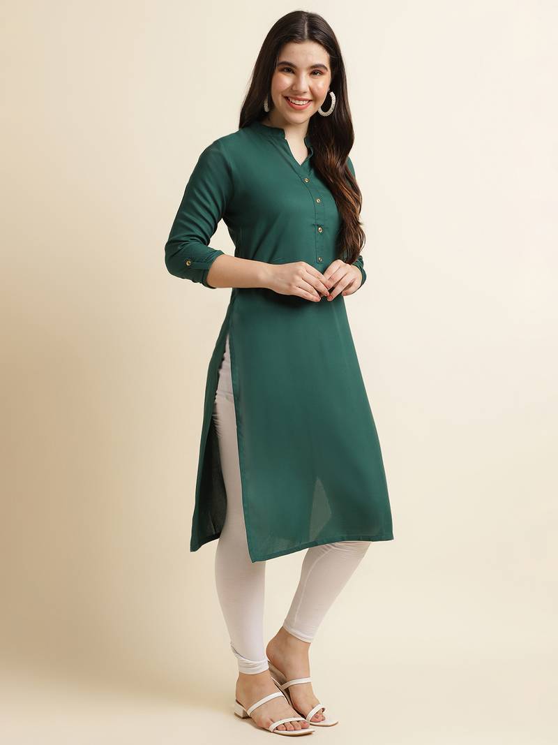 Fabclub Women's Rayon Solid Plain Straight Kurti (Dark Green)