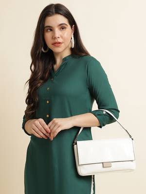 Fabclub Women's Rayon Solid Plain Straight Kurti (Dark Green) 5