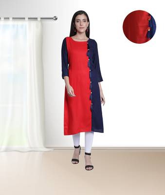 Fabclub Women's Rayon Plain Straight Designer Kurti (Navy Blue & Red) 1