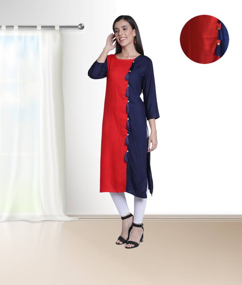 Fabclub Women's Rayon Plain Straight Designer Kurti (Navy Blue & Red)