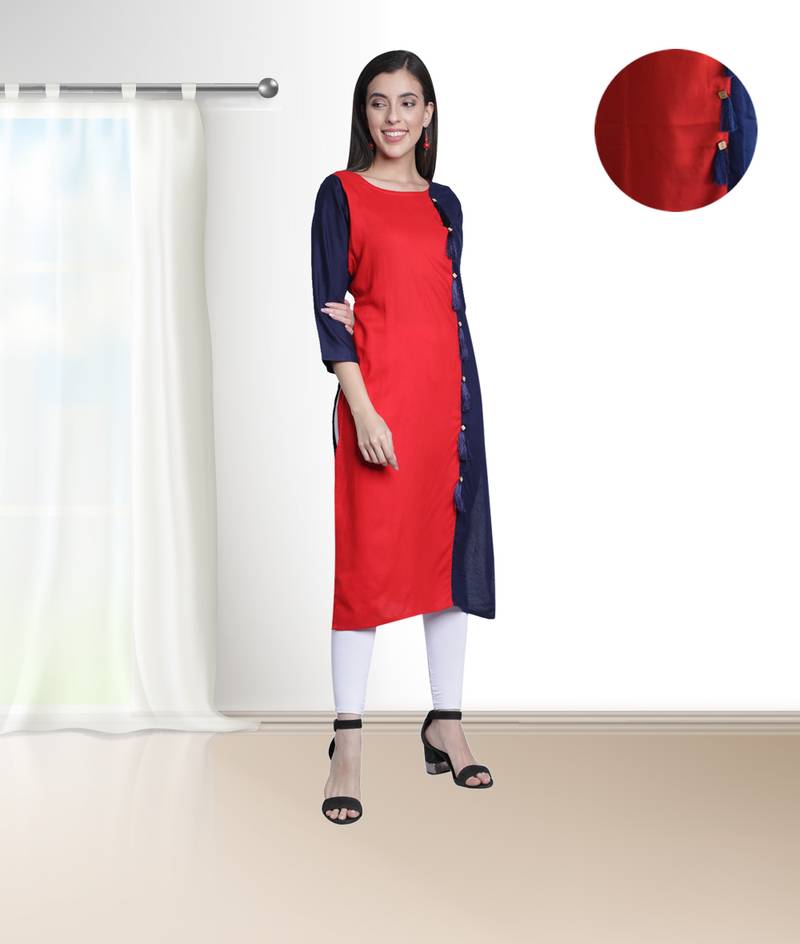Fabclub Women's Rayon Plain Straight Designer Kurti (Navy Blue & Red)