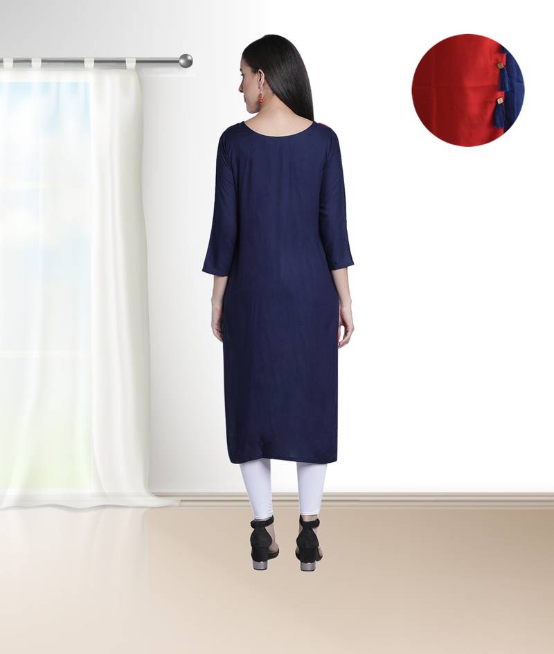 Fabclub Women's Rayon Plain Straight Designer Kurti (Navy Blue & Red)