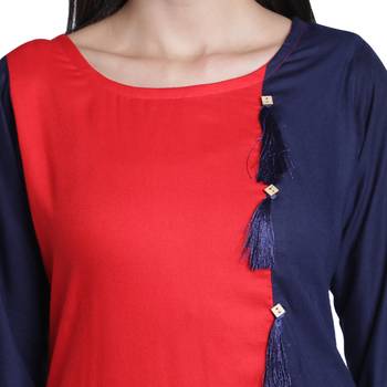 Fabclub Women's Rayon Plain Straight Designer Kurti (Navy Blue & Red) 5