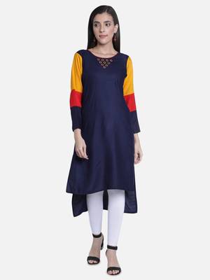Fabclub Women's Rayon High Low Plain Straight Kurti (Navy Blue) 1
