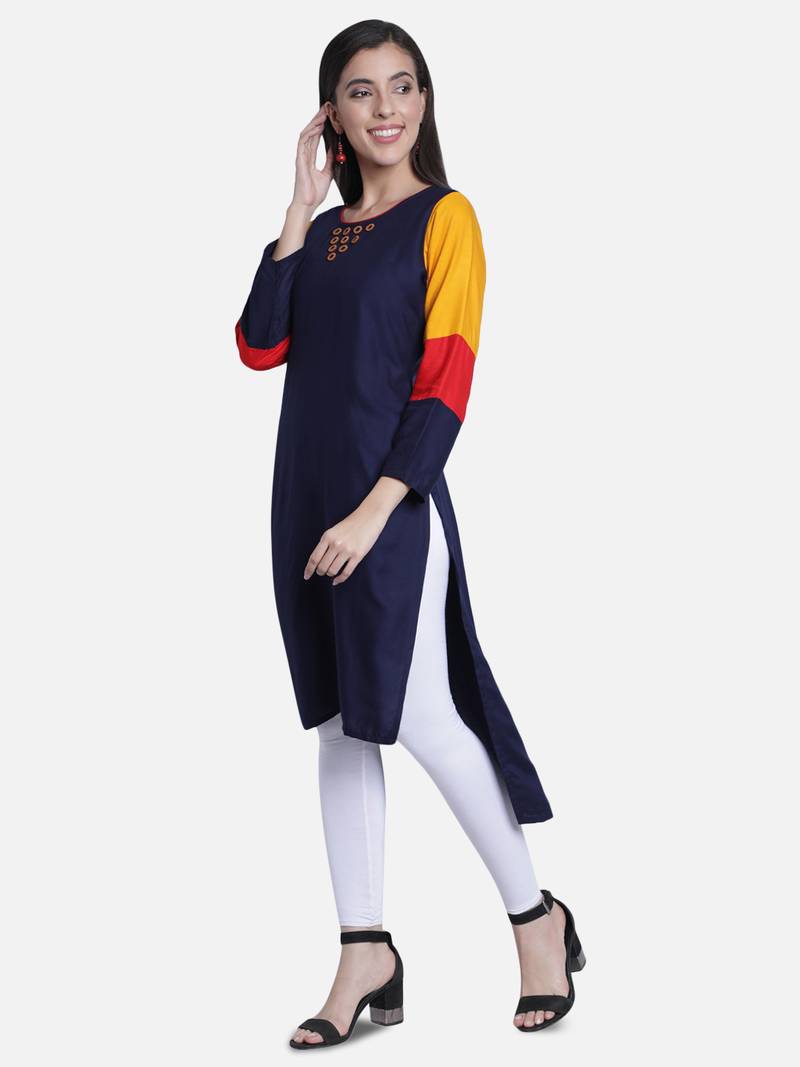 Fabclub Women's Rayon High Low Plain Straight Kurti (Navy Blue)