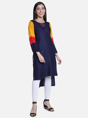Fabclub Women's Rayon High Low Plain Straight Kurti (Navy Blue) 3