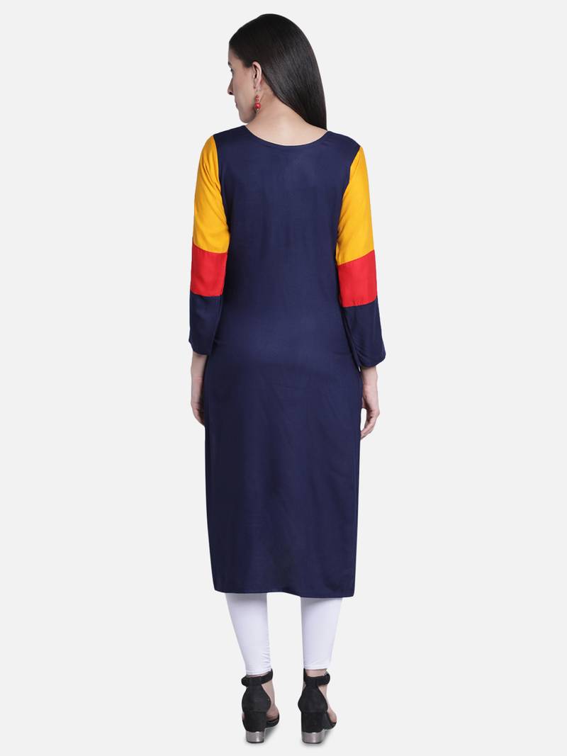 Fabclub Women's Rayon High Low Plain Straight Kurti (Navy Blue)