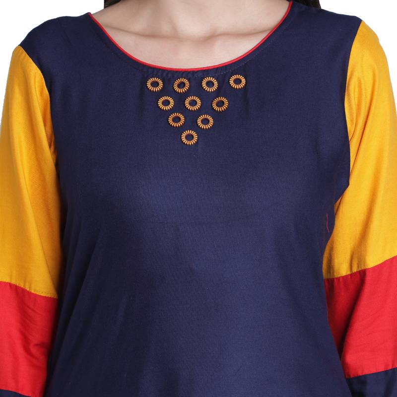 Fabclub Women's Rayon High Low Plain Straight Kurti (Navy Blue)