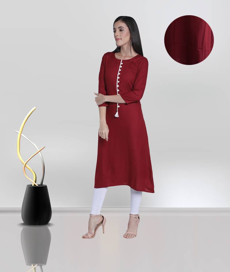 Fabclub Women's Rayon Solid Plain A-Line Asymmetric Designer Kurti (Maroon)