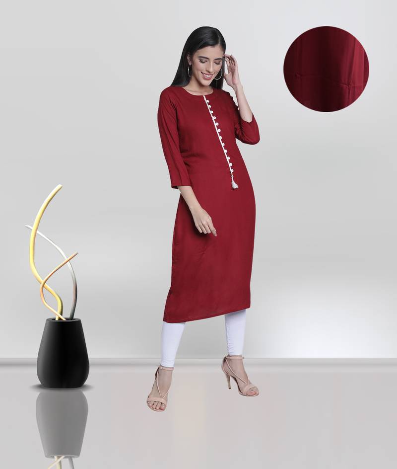 Fabclub Women's Rayon Solid Plain A-Line Asymmetric Designer Kurti (Maroon)