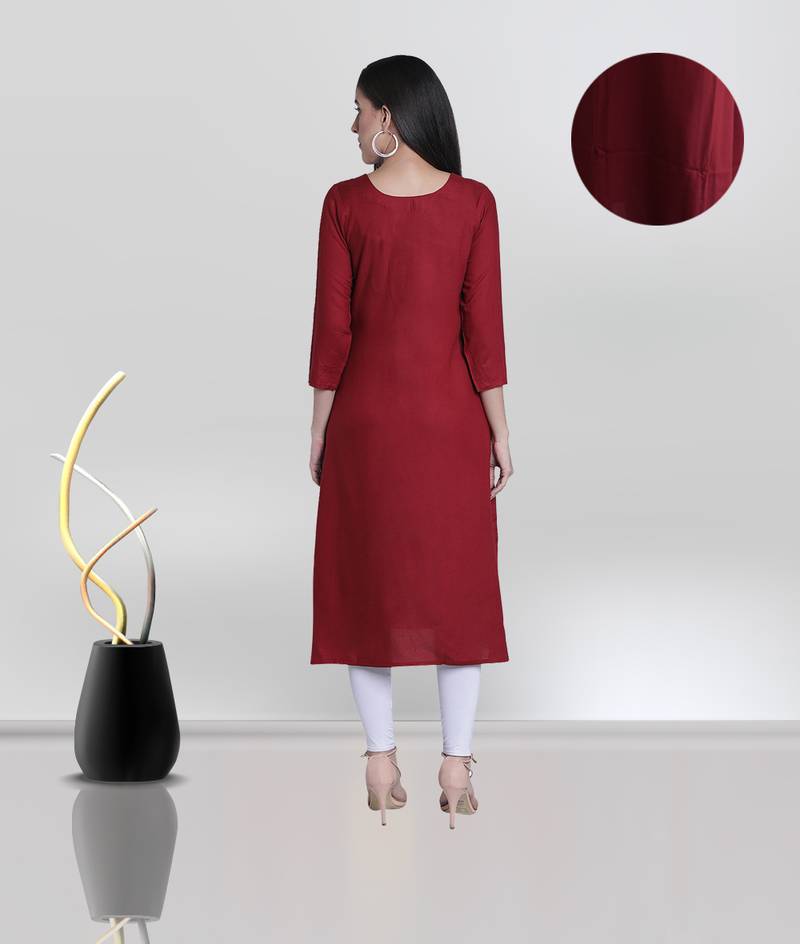 Fabclub Women's Rayon Solid Plain A-Line Asymmetric Designer Kurti (Maroon)
