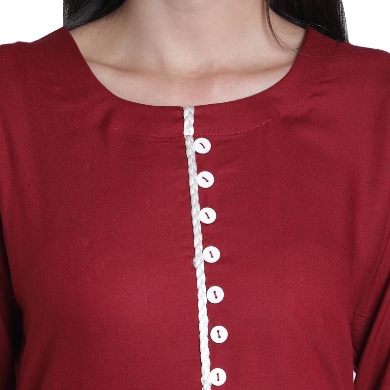 Fabclub Women's Rayon Solid Plain A-Line Asymmetric Designer Kurti (Maroon)