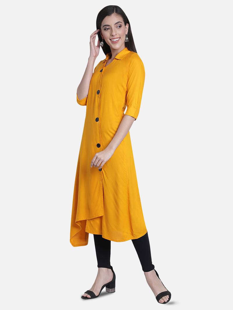 Fabclub Women's Rayon Solid Plain Asymmetric A-Line Designer Kurti (Mustard Yellow)