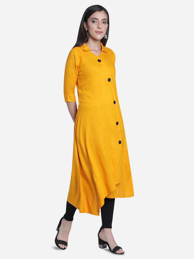 Fabclub Women's Rayon Solid Plain Asymmetric A-Line Designer Kurti (Mustard Yellow)