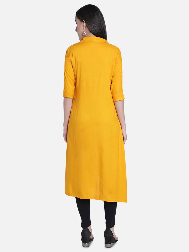 Fabclub Women's Rayon Solid Plain Asymmetric A-Line Designer Kurti (Mustard Yellow)