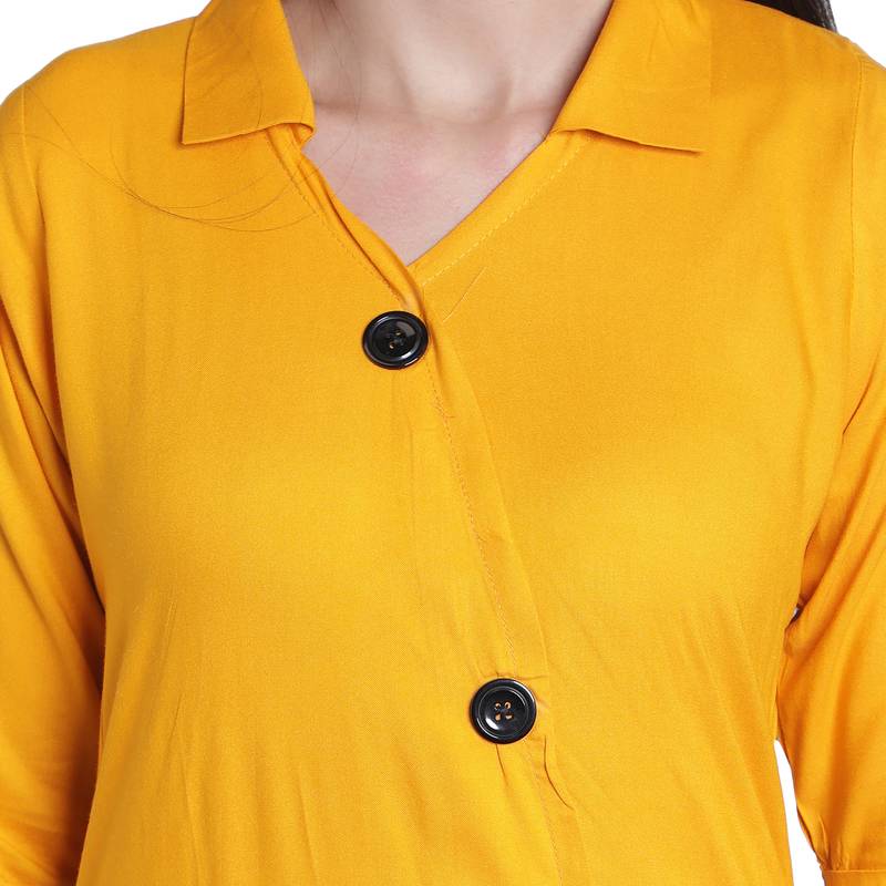 Fabclub Women's Rayon Solid Plain Asymmetric A-Line Designer Kurti (Mustard Yellow)