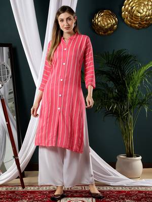 Fabclub Women Rayon Striped Straight Kurti (Pink) 1