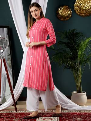 Fabclub Women Rayon Striped Straight Kurti (Pink) 2