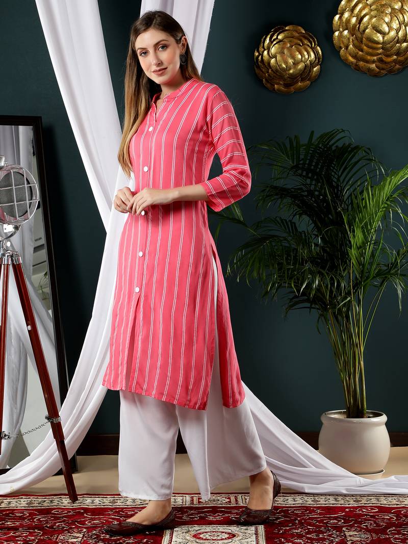 Fabclub Women Rayon Striped Straight Kurti (Pink)