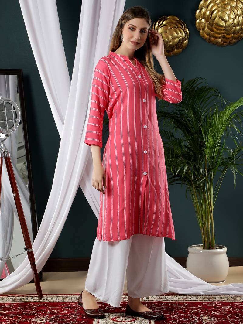 Fabclub Women Rayon Striped Straight Kurti (Pink)