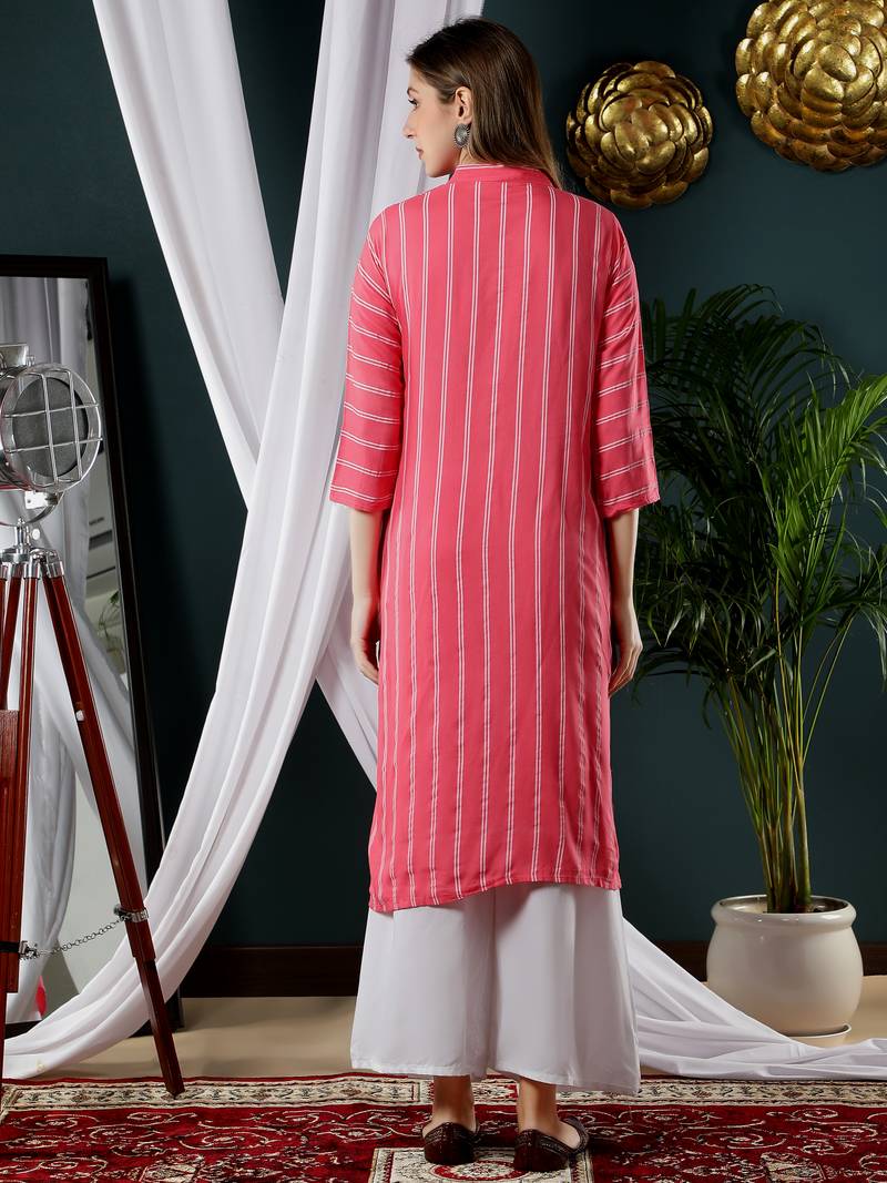 Fabclub Women Rayon Striped Straight Kurti (Pink)