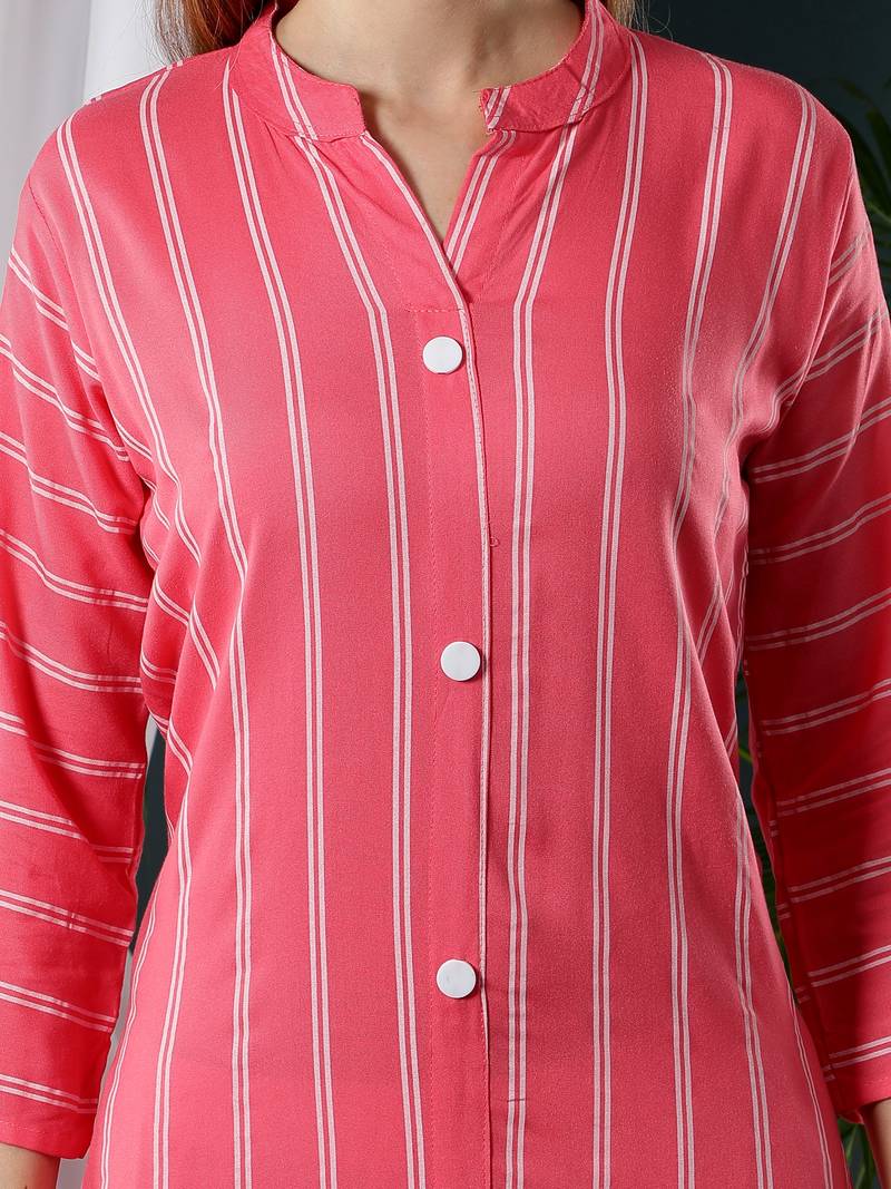 Fabclub Women Rayon Striped Straight Kurti (Pink)