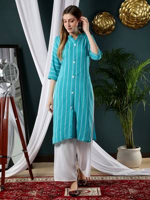 Fabclub Women Rayon Striped Straight Kurti (Turquoise) 1